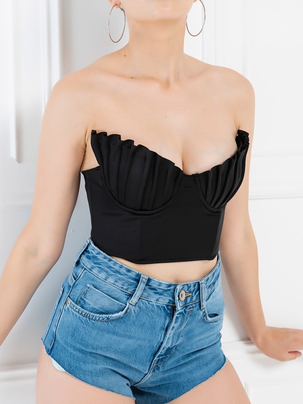 Ariela Pleated Shell Bust Crop Bustier Top - Black